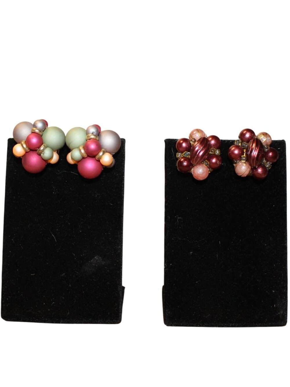 Lot of 2 Vintage Cluster Clip On Earrings Matte Pastel Satin & Burgundy Pearl